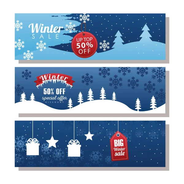 Three big winter sale letterings with tags and ribbon in snowscapes — Stockvector