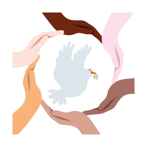 Interracial hands around dove bird flying — Stockvector