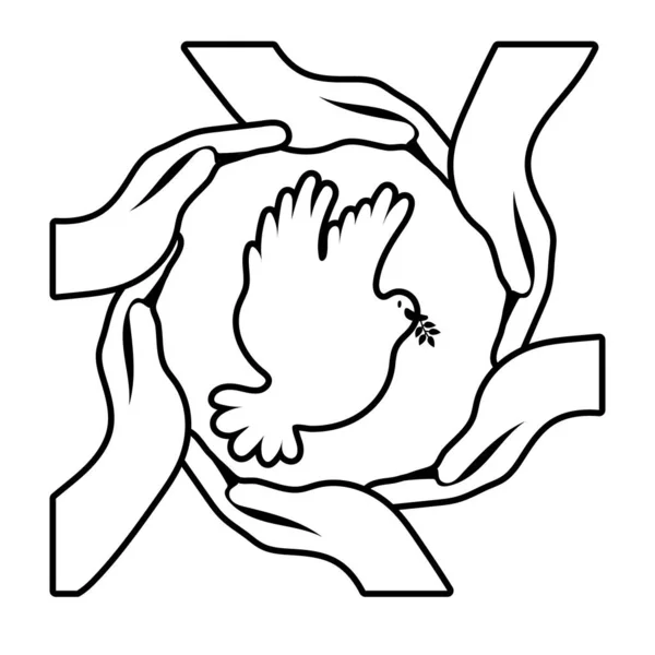 Interracial hands around dove bird flying line style icon — Stock Vector