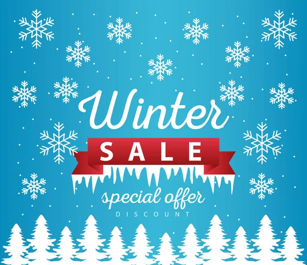 Big winter sale poster with ribbon frame in snowscape scene — Stockvector