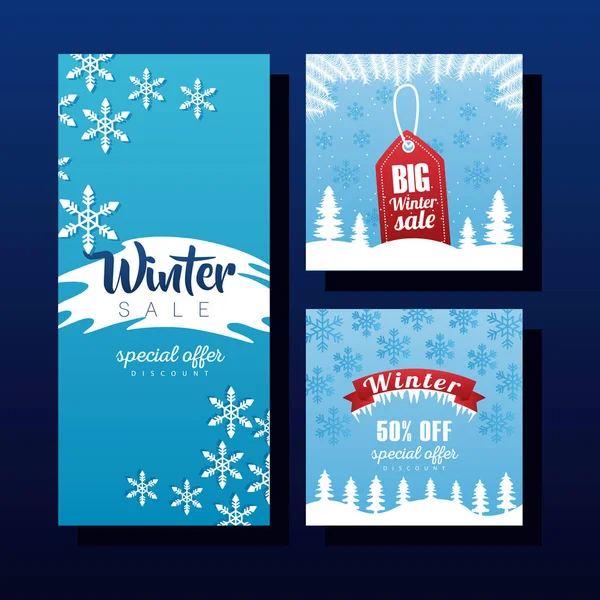 Three big winter sale letterings with tag and ribbon — Stockvector