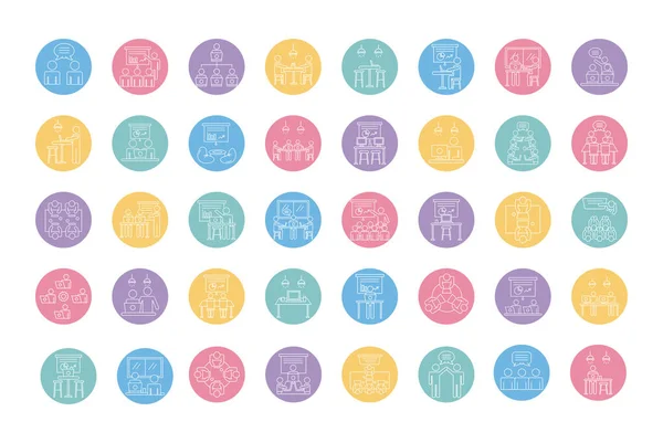 Fascio di colori lavoratori avatar coworking linea icone di stile — Vettoriale Stock