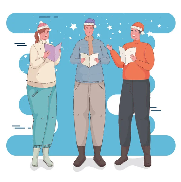 Three persons wearing winter clothes singing christmas carols — Stock Vector