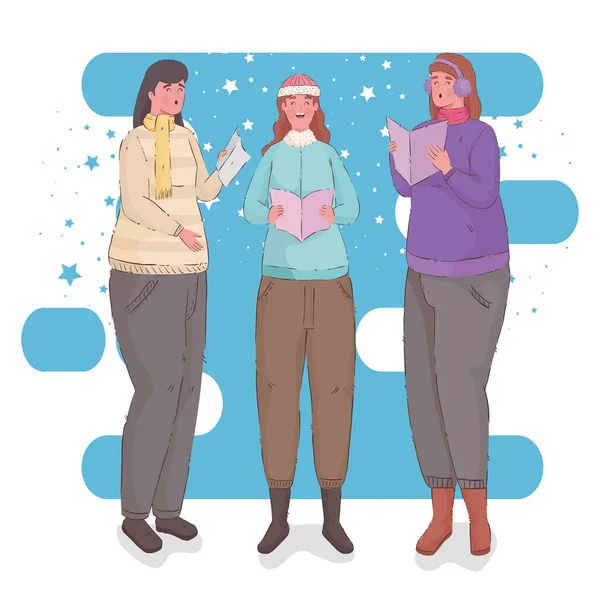 Group of women wearing winter clothes singing christmas carols — Stock Vector