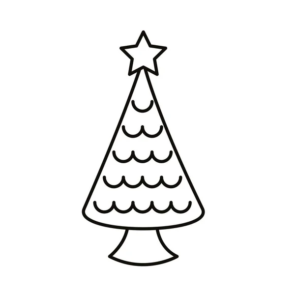 행복 한 메리 크리스마스 트리 스타 라인 스타일의 아이콘을 가진 소나무 — 스톡 벡터