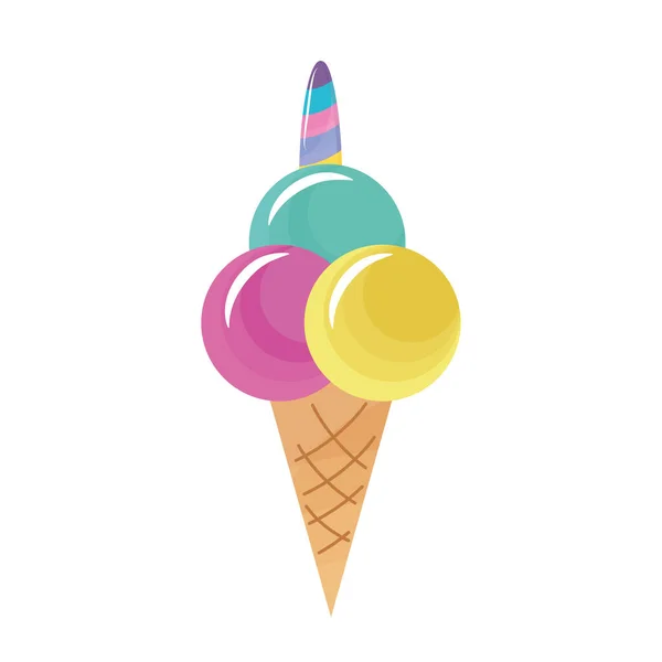 Ice cream cone with unicorn horn icon — Stock Vector