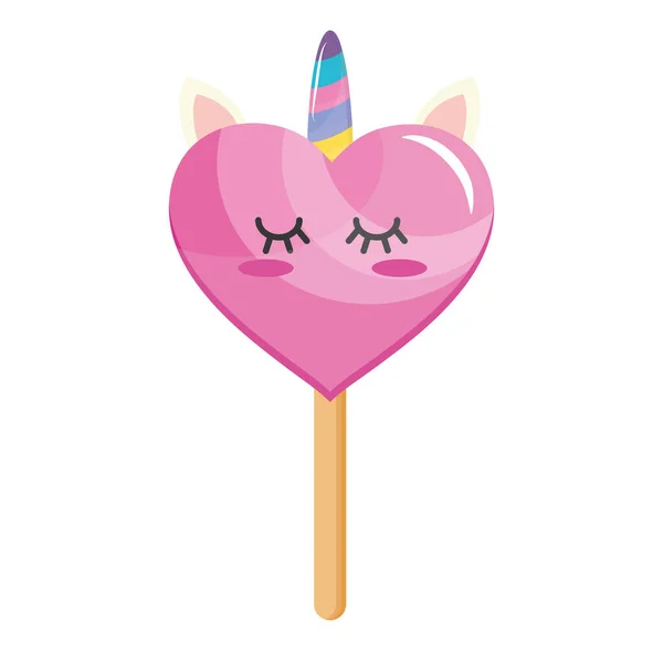 유니콘 호른과 심장 모양을 한 귀여운 롤리팝 카와 비캐릭터 — 스톡 벡터