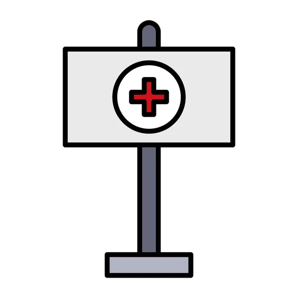 医療十字記号の線と塗りつぶしスタイルのアイコンとラベル — ストックベクタ