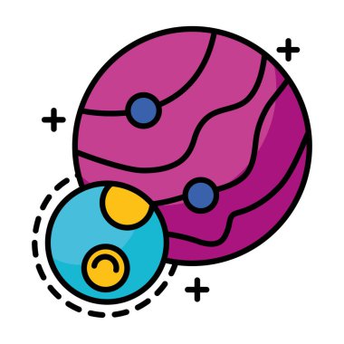 Yörünge çizgisi ve biçim simgesine sahip iki uydusu olan gezegenler