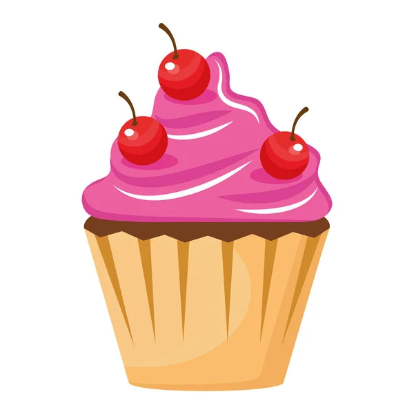 Cupcake com cerejas ícone de aniversário feliz — Vetor de Stock