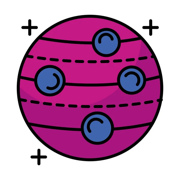 Planeta com quatro satélites orbitando linha e ícone de estilo de preenchimento — Vetor de Stock