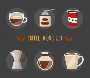 Altı kahve demeti Lezzetli içecek seti simgeleri ve harfler