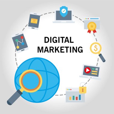 Küre etrafında yedi pazarlama dijital set simgesi demeti