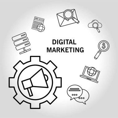 Yedi pazarlama dijital set simgelerinden oluşan paket halinde megafon dişlileri