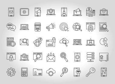 40 pazarlama dijital set simgesi demeti