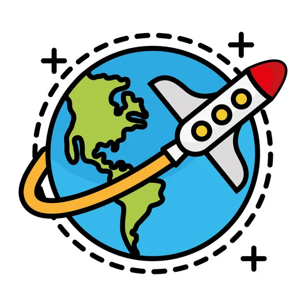 World planet with rocket flying line and fill style icon — Stock Vector