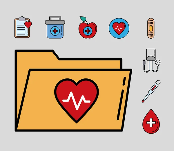 Paquete de nueve línea de kit médico y iconos de estilo de relleno conjunto — Vector de stock