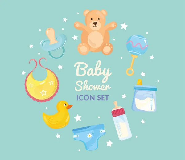 Pacote de oito ícones do jogo do chuveiro do bebê ao redor e lettering —  Vetores de Stock