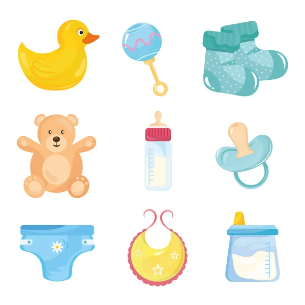 Bundle of nine baby shower set icons — Stock Vector