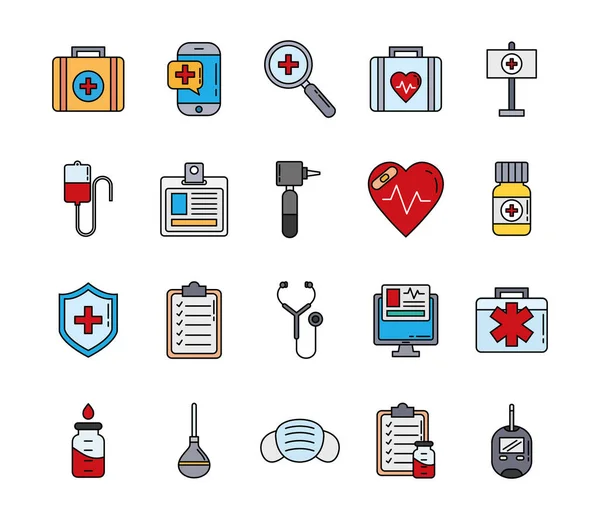 Paquete de veinte línea de kit médico y iconos de estilo de relleno conjunto — Vector de stock