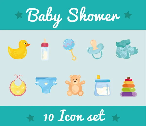 Bundle of ten baby shower set icons and lettering — Stock Vector