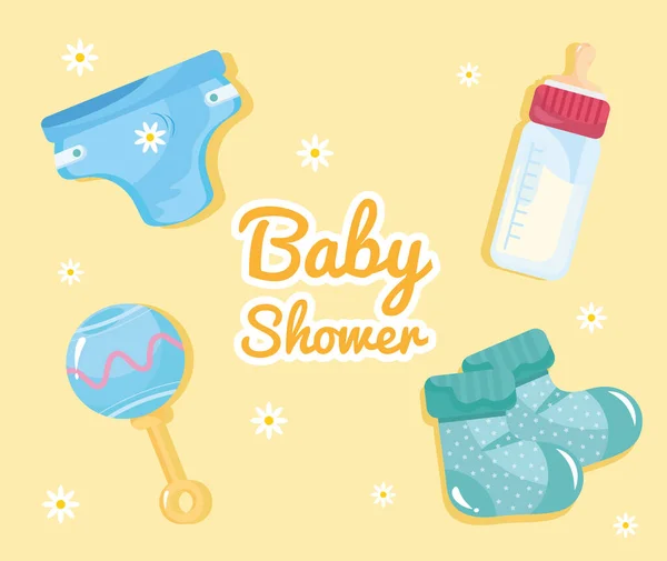 Paquet de quatre icônes ensemble de douche de bébé et lettrage — Image vectorielle