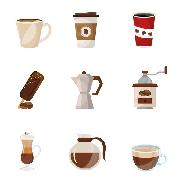 Paquete de café deliciosos iconos conjunto de bebidas — Archivo Imágenes Vectoriales