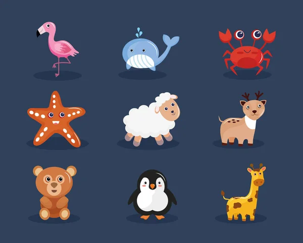 Paquete de nueve animales lindos personajes kawaii — Vector de stock