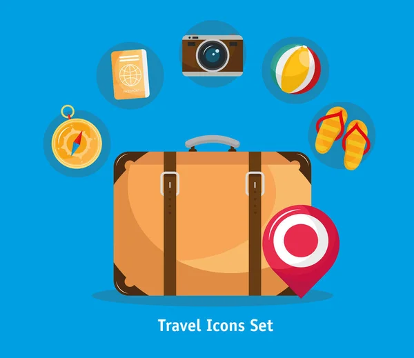 Pacote de sete férias conjunto de viagem ícones e letras — Vetor de Stock