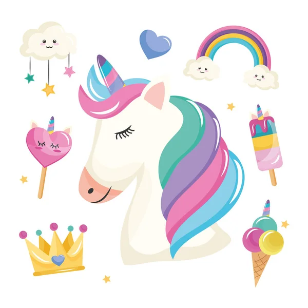 Bundle of seven unicorn set icons — Stock Vector