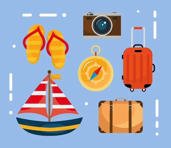 Paquete de seis viajes de vacaciones conjunto de iconos — Vector de stock