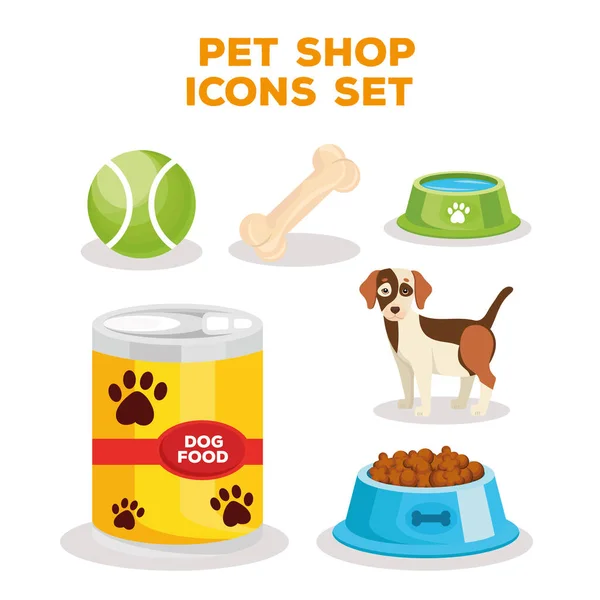 Paquete de seis iconos de tienda de mascotas y letras — Vector de stock