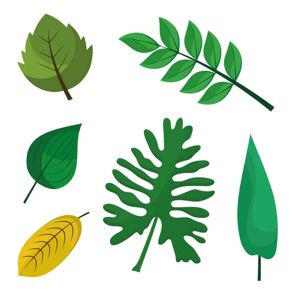 Paquete de dieciséis hojas plantas iconos de estilo plano — Vector de stock