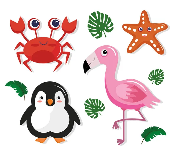 Paquete de cuatro lindos animales kawaii personajes y hojas — Archivo Imágenes Vectoriales