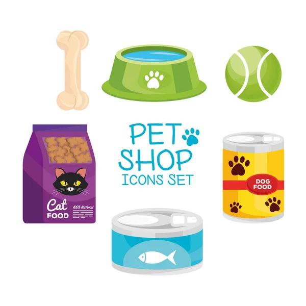 Paquete de seis iconos de la tienda de mascotas y letras — Vector de stock