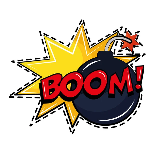 Boom esplosivo e parola pop art adesivo icona — Vettoriale Stock