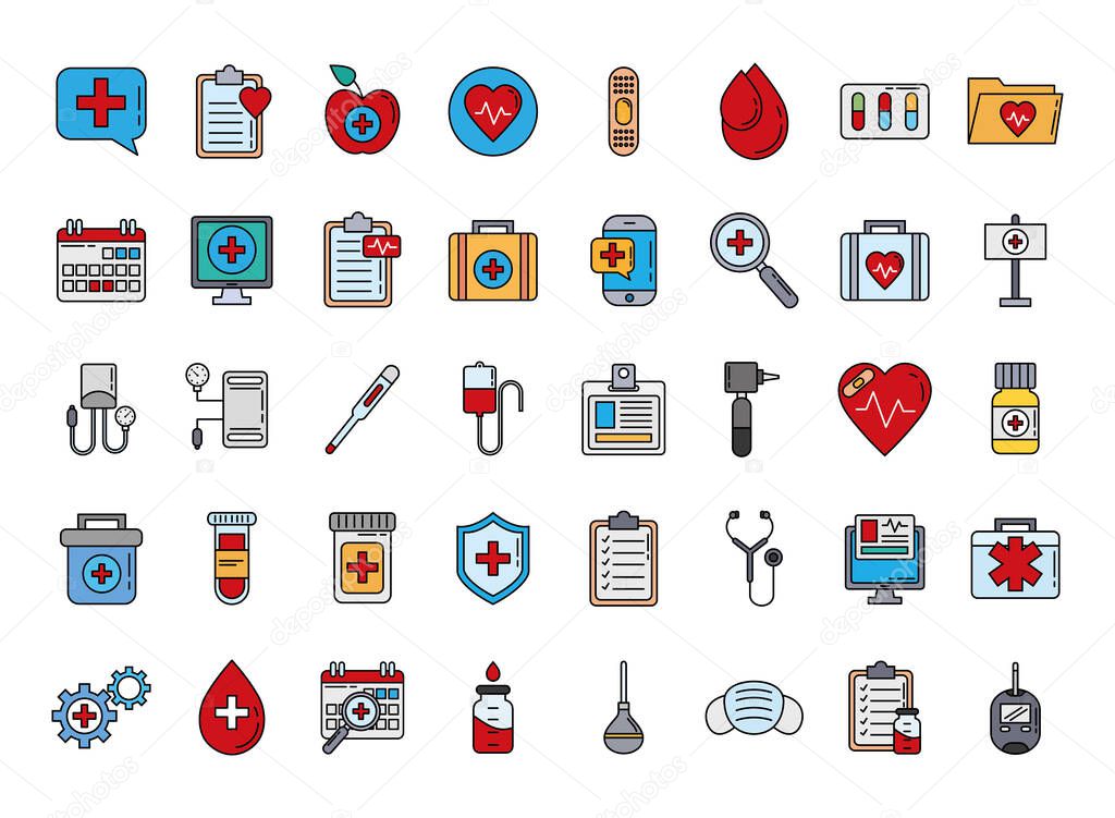 bundle of fourty doctor kit line and fill style set icons