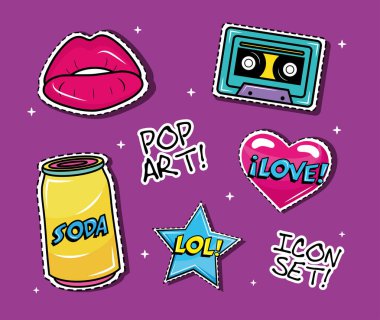 Yedi pop sanat çıkartması demeti simgeleri ayarlar