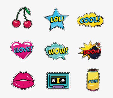 Dokuz pop sanat çıkartması demeti simgeleri ayarlar