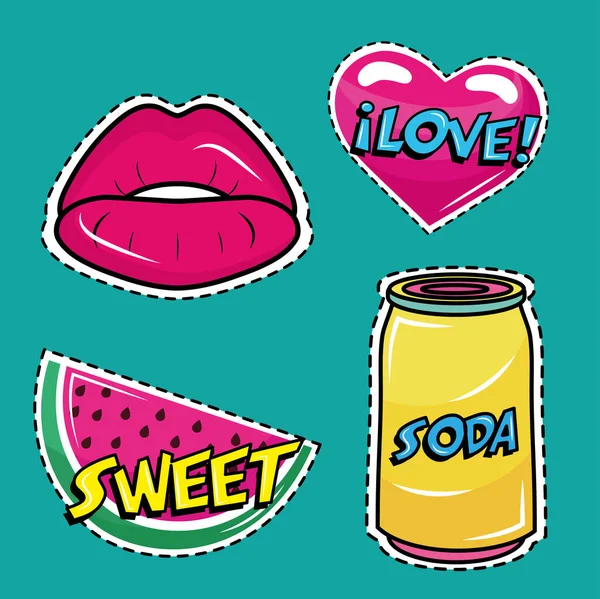 Paquete de cuatro pegatinas de arte pop conjunto de iconos — Vector de stock