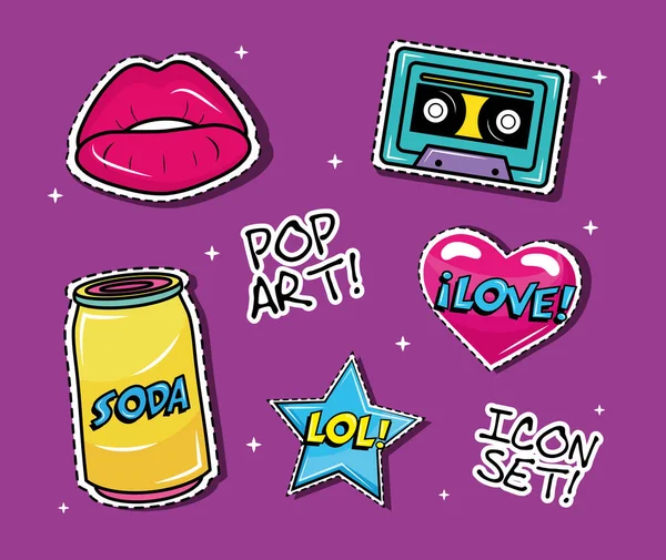 Bündel von sieben Pop-Art-Stickern Set Icons — Stockvektor