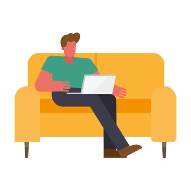 Kanepede dizüstü bilgisayarı olan bir adam ev vektör tasarımında çalışıyor.