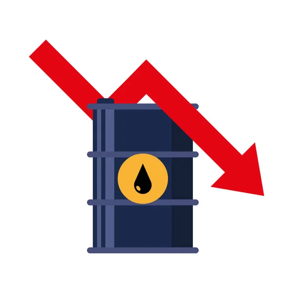 Réservoir de baril avec baisse et flèche de l'icône du prix du pétrole — Image vectorielle