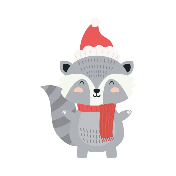 Lindo mapache usando ropa de Navidad — Vector de stock