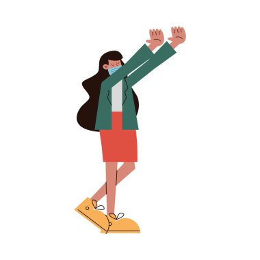 Tıbbi maske takan kadın el kaldırma karakteri