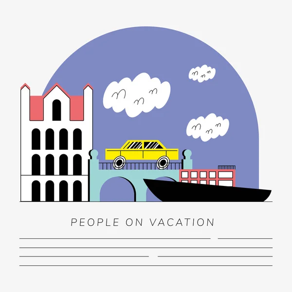 Viajes vacaciones paisaje urbano escena iconos — Vector de stock