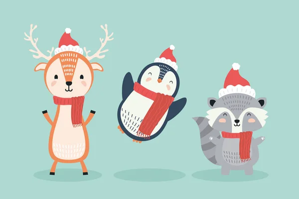 Rendieren en pinguïn met wasbeer in kerstkleding personages — Stockvector