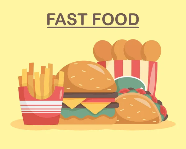 Pacco di quattro icone set fast food e lettering — Vettoriale Stock