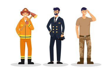 Üç kişilik bir grup erkek işçi mesleği karakter avatarı