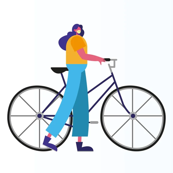 Mujer con máscara médica montar bicicleta actividad — Vector de stock